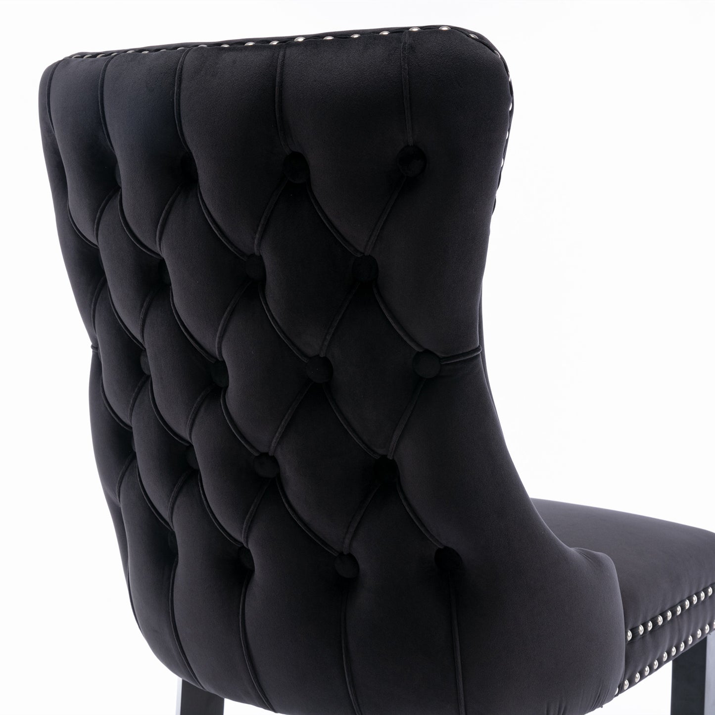 A&A Tufted Dining Chair with Solid Wood Legs in Black Velvet Set of 2