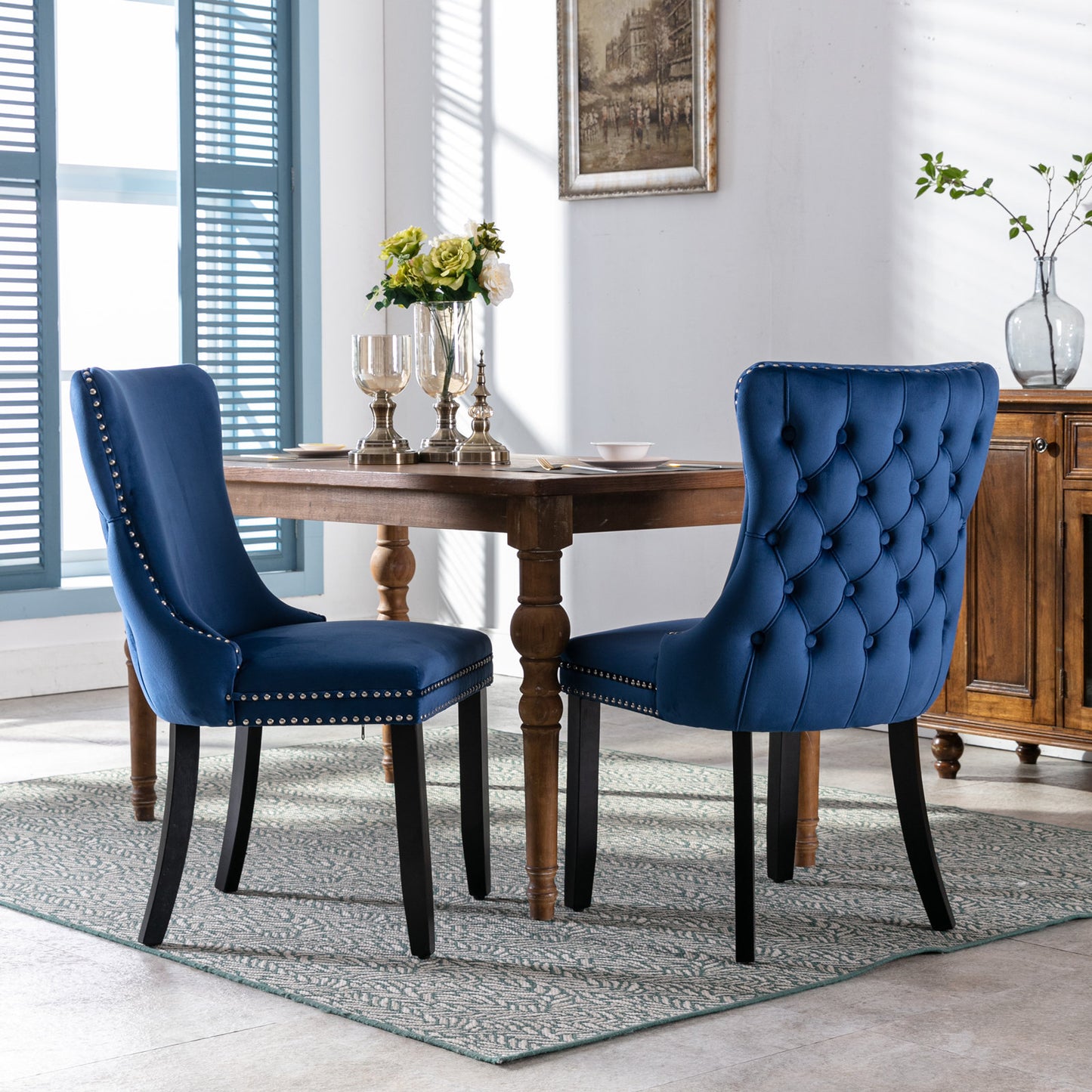 A&A Tufted Dining Chair with Solid Wood Legs in Blue Velvet Set of 2