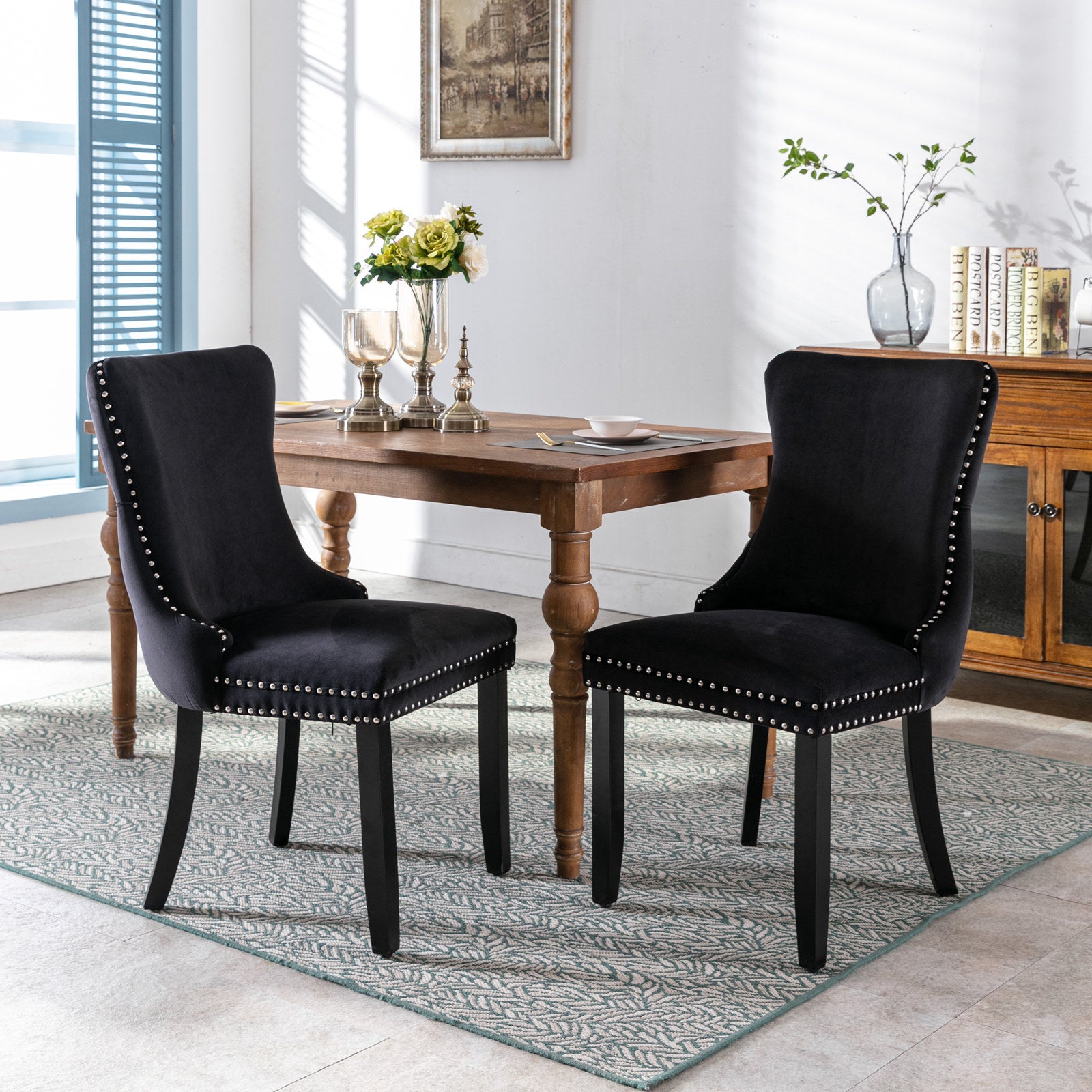 A&A Tufted Dining Chair with Solid Wood Legs in Black Velvet Set of 2