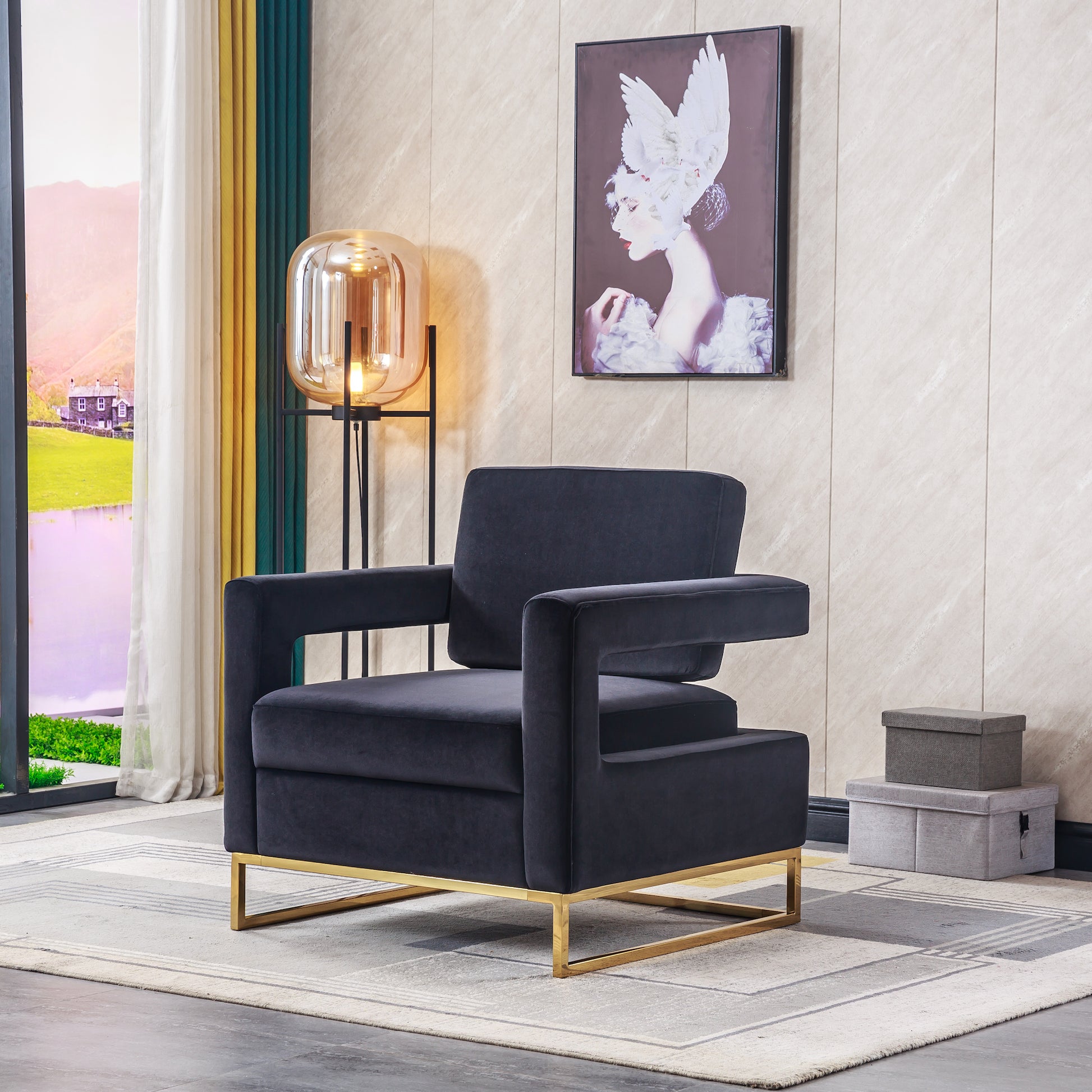 Artisan Modern Velvet Accent Chair with Gold Legs - Black