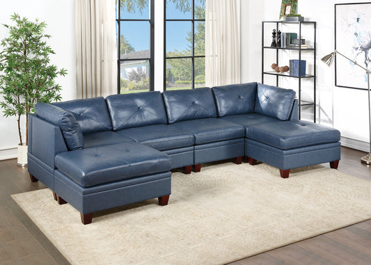 Mako 6-Piece U-Shape Leather Sectional - Ink Blue