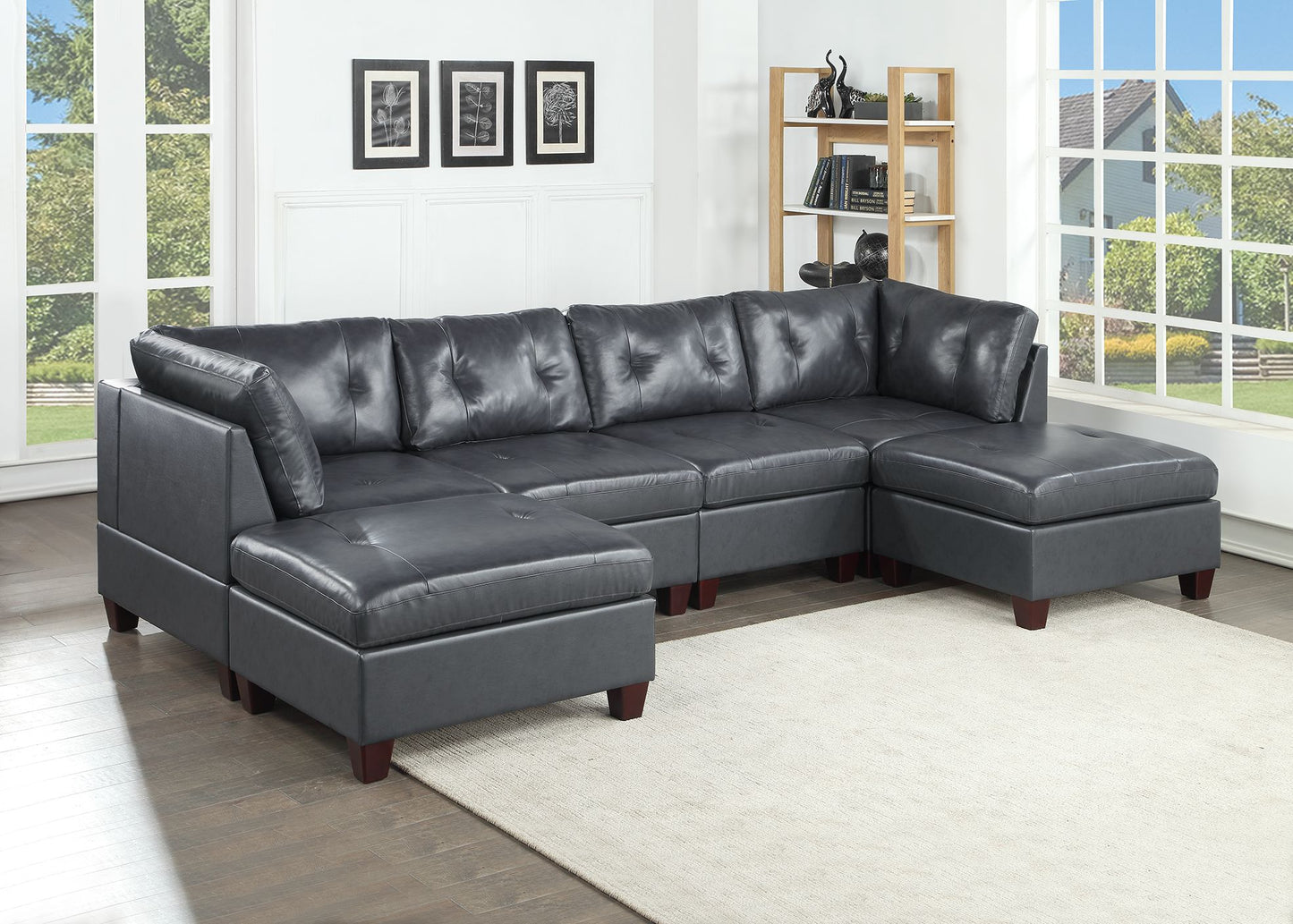 Mako 6-Piece U-Shape Leather Sectional -Black