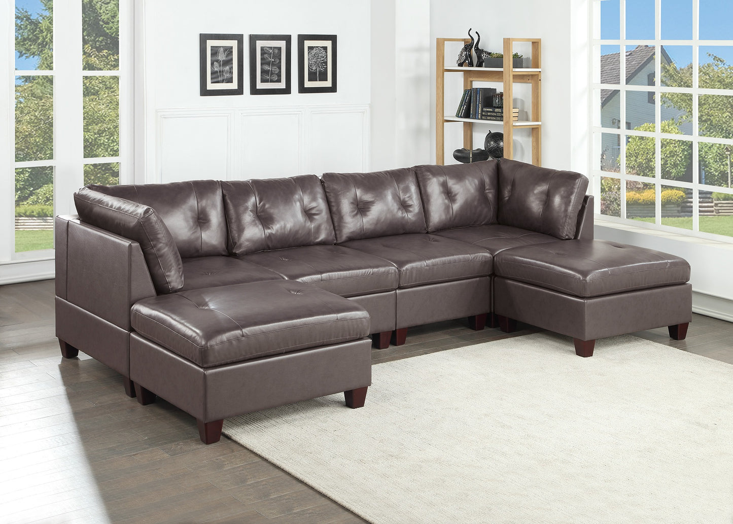 Mako 6-Piece U-Shape Leather Sectional -Brown