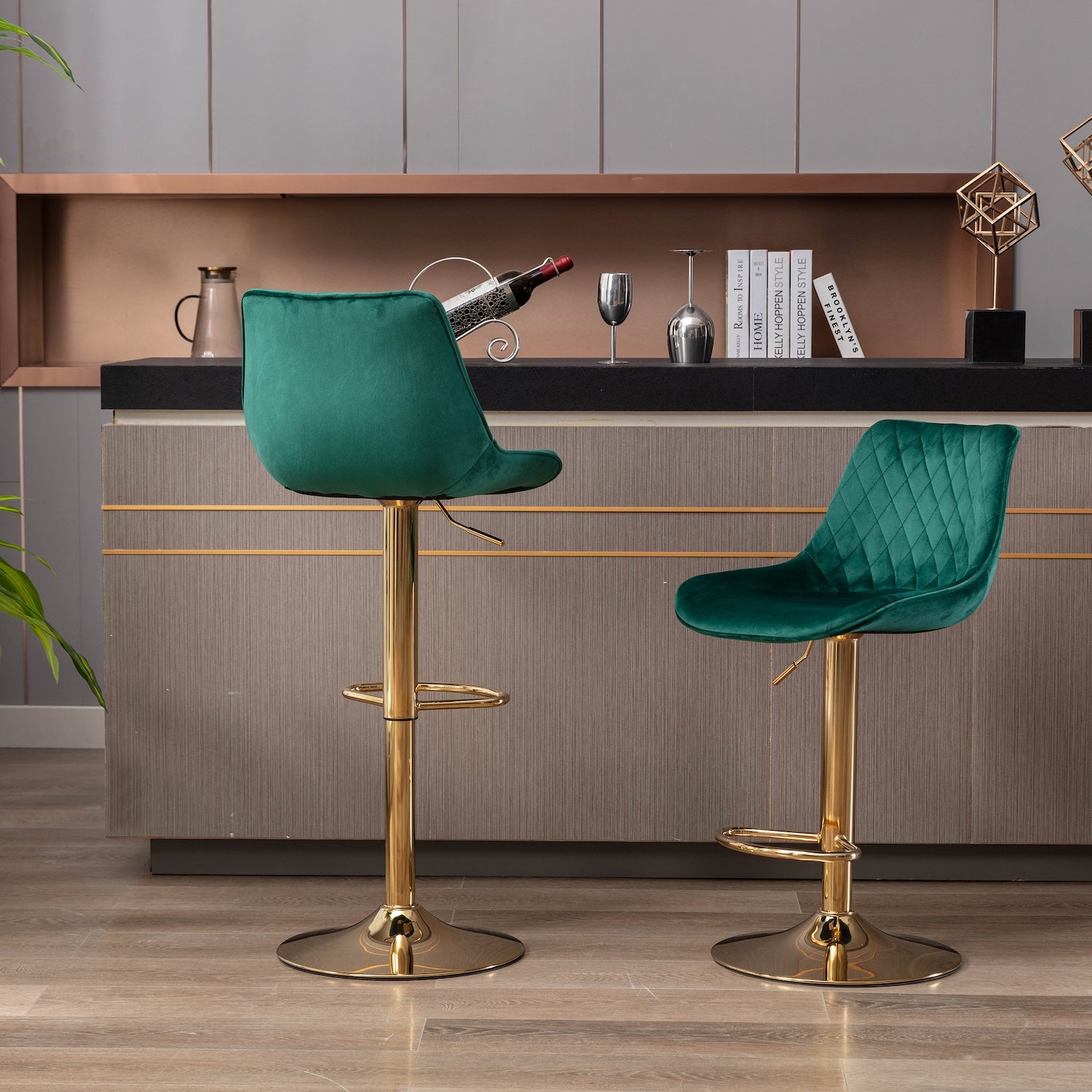 Jamil Adjustable Velvet Bar Stools with Gold Base Set of 2 - Green