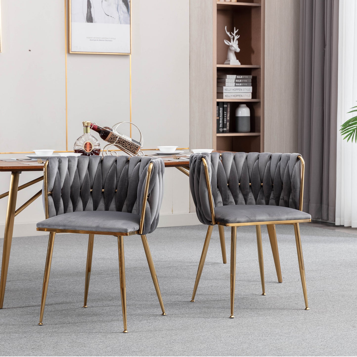 WeeHaa Modern Gold Framed Velvet Dining Chairs Set of 2 - Gray