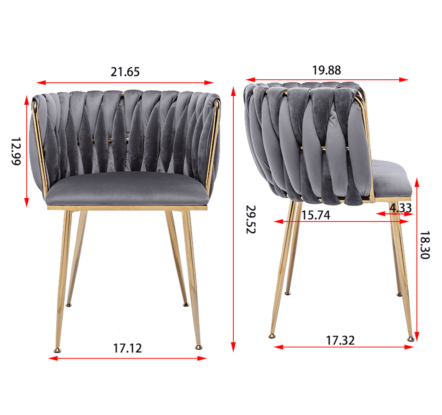 WeeHaa Modern Gold Framed Velvet Dining Chairs Set of 2 - Gray