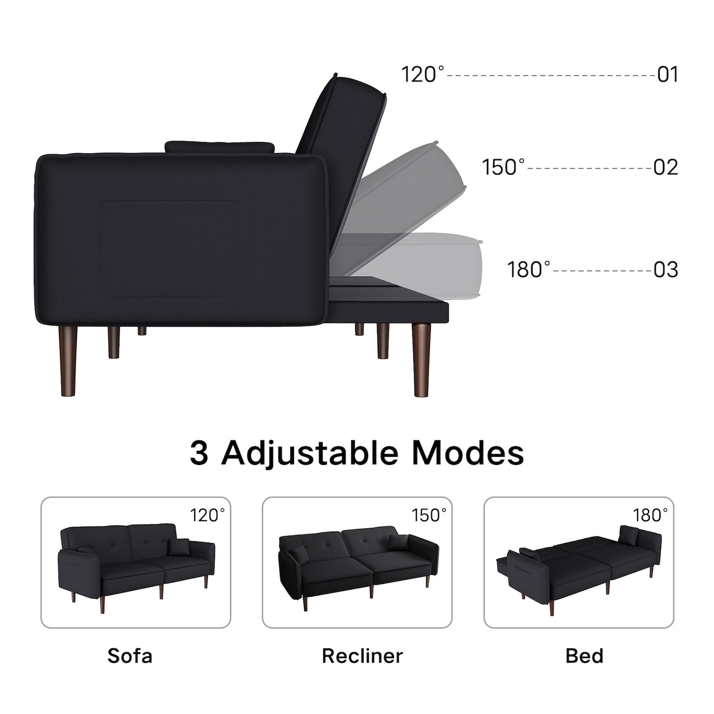 Oceana Split Back Sofa Bed with Walnut Legs - Black