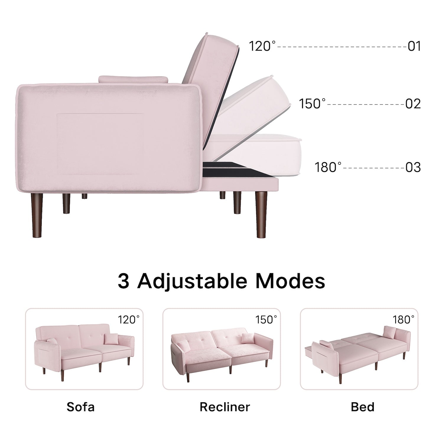 Oceana Split Back Sofa Bed with Walnut Legs - Pink