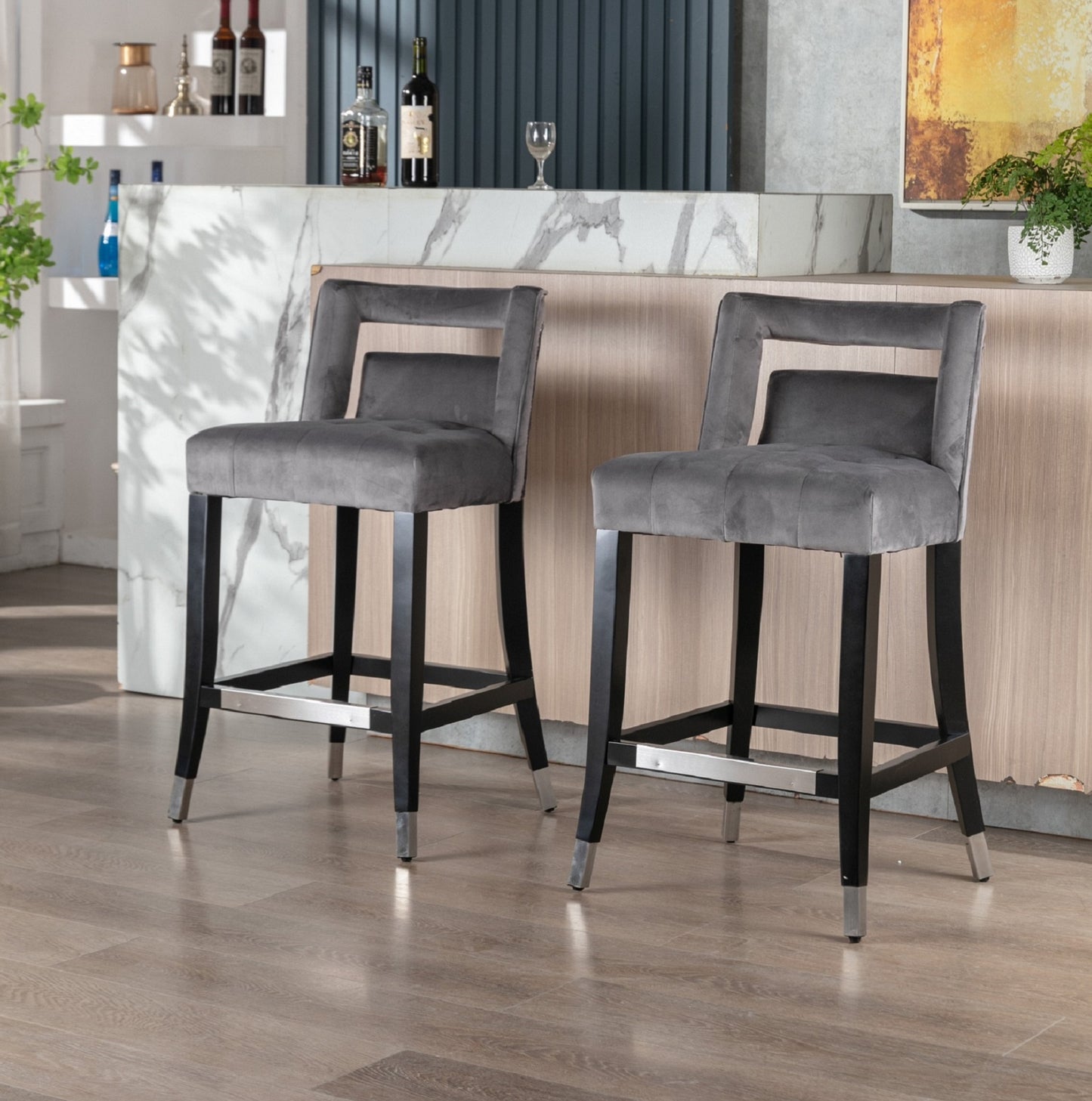 O'Life Contemporary Suede Counter Height Stools with Nailhead Trim Set of 2 - Gray