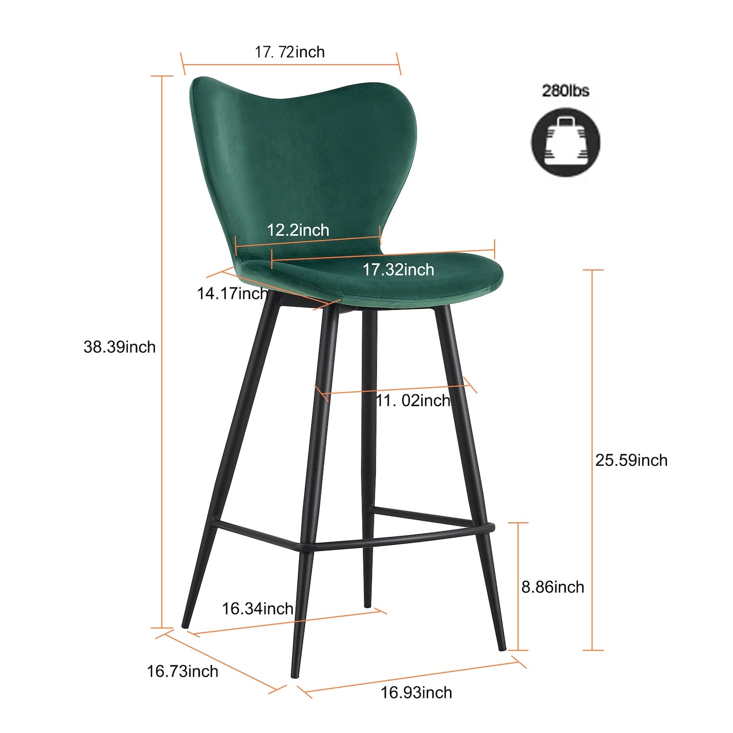 WS Modern Minimalist Counter Height Stool Set of 2 Green