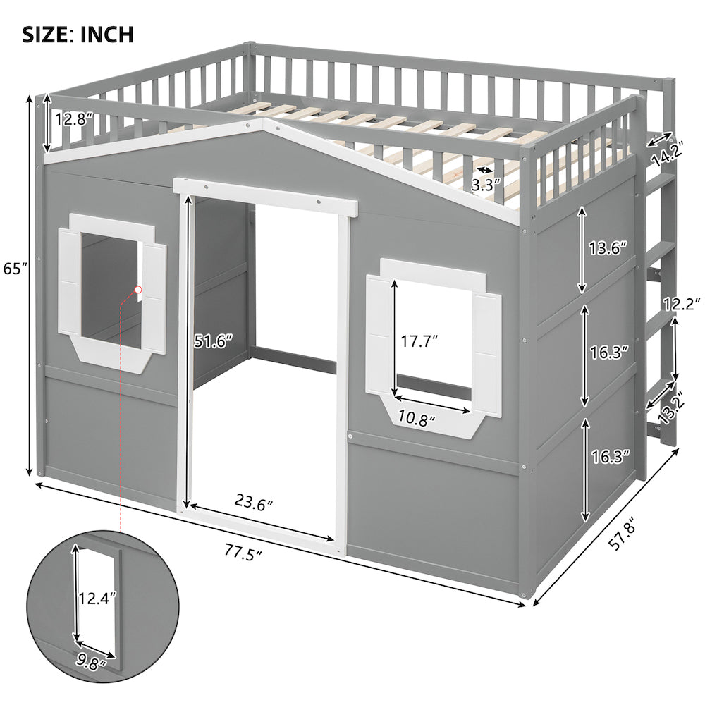 Homey Life House Loft Bed With Ladder- Gray & White