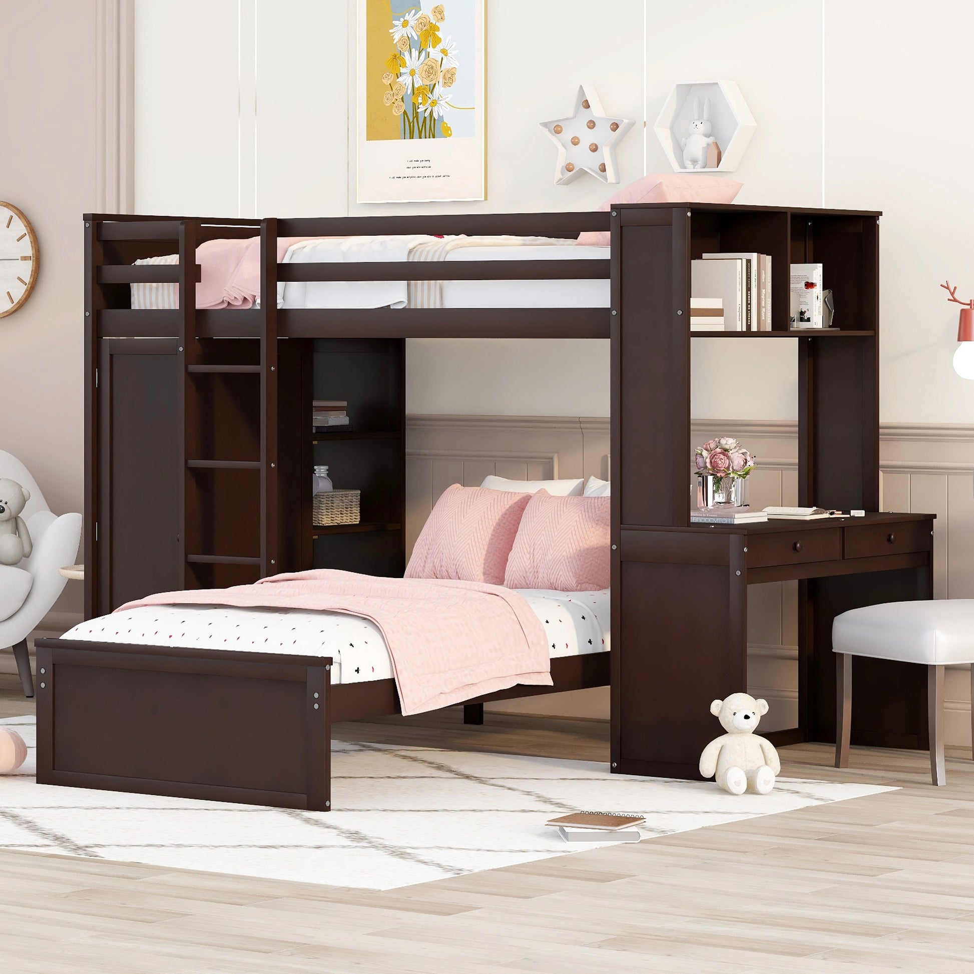 Lucky Full Size Loft Bed with Twin Bed & Desk