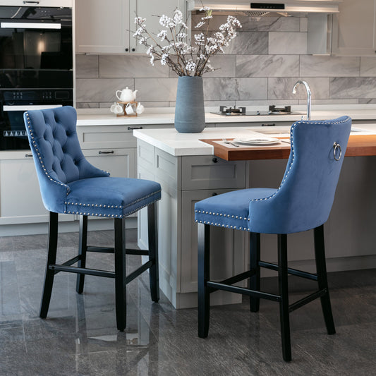 Nikki Contemporary Velvet Bar Stools with Black Legs Set of 2 - Blue