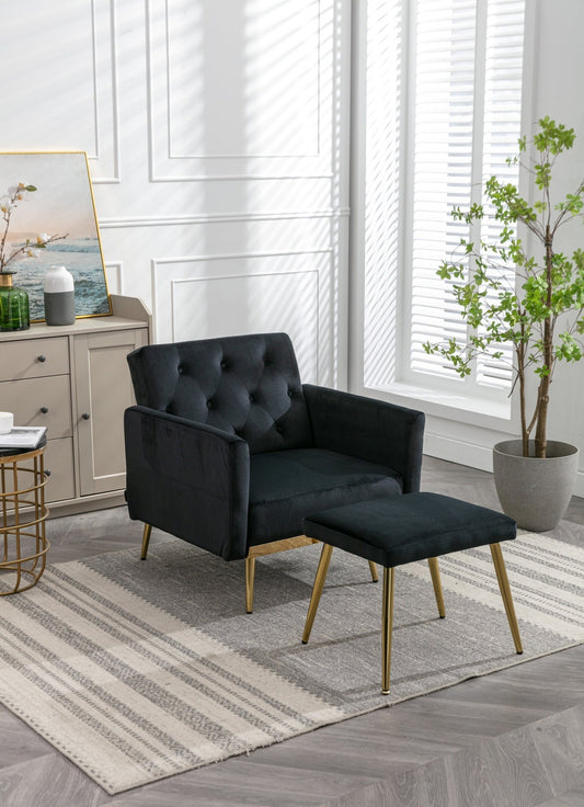 Kent Velvet Accent Chair & Ottoman with Rose Gold Legs - Black