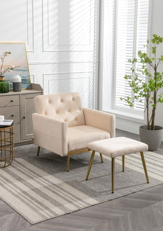 Kent Velvet Accent Chair & Ottoman with Rose Gold Legs - Beige