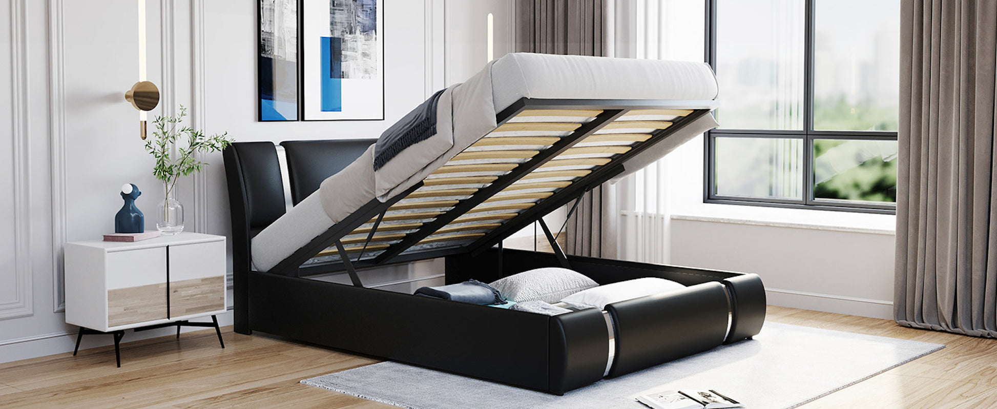 Homey Life Modern Faux Leather Full Platform Bed with a Hydraulic Storage System