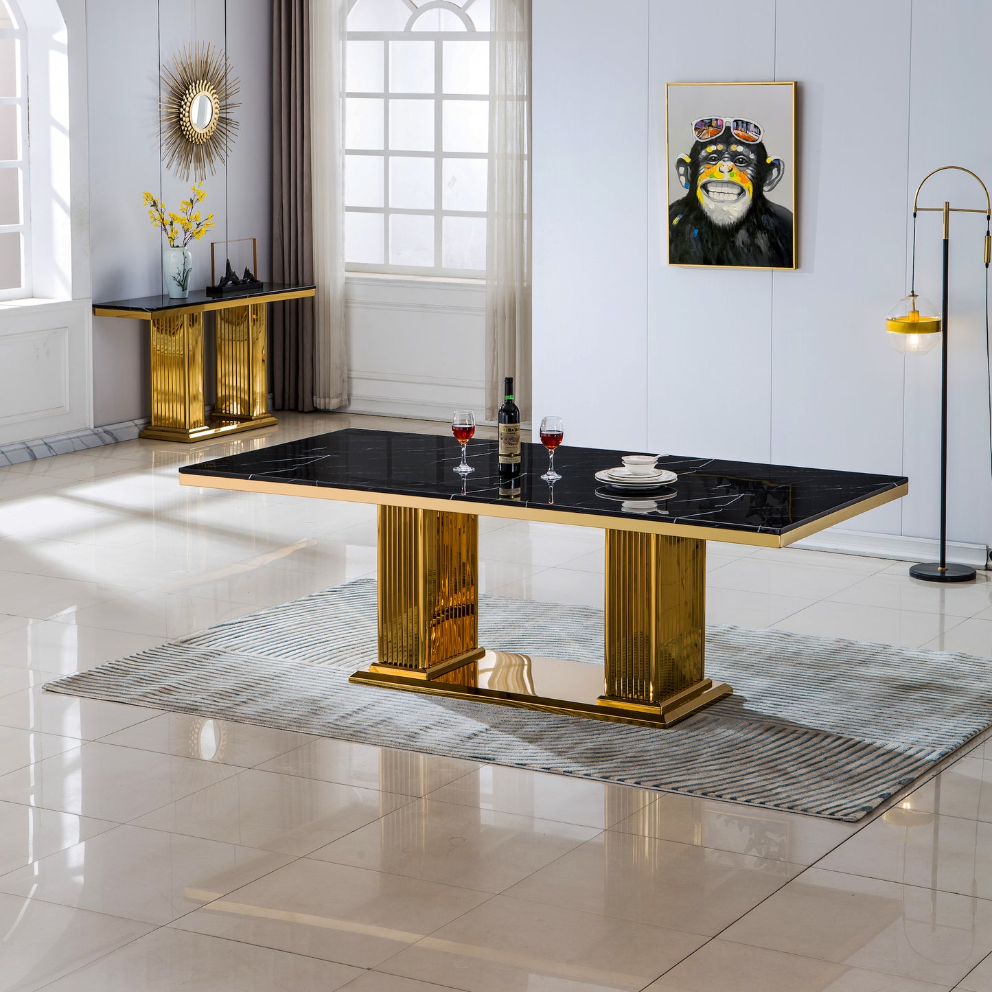 Artisan Furniture 86" Marble Top Dining Table - Black & Gold