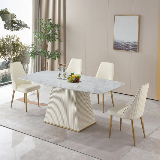 Montary Furniture 71" Sintered Stone Dining Table with Square Pedestal Base - White & Gold