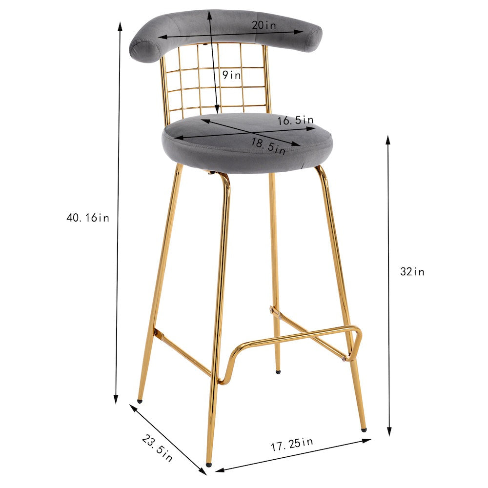 Zen Zone Luxury Velvet Bar Stool with Gold Legs - Gray