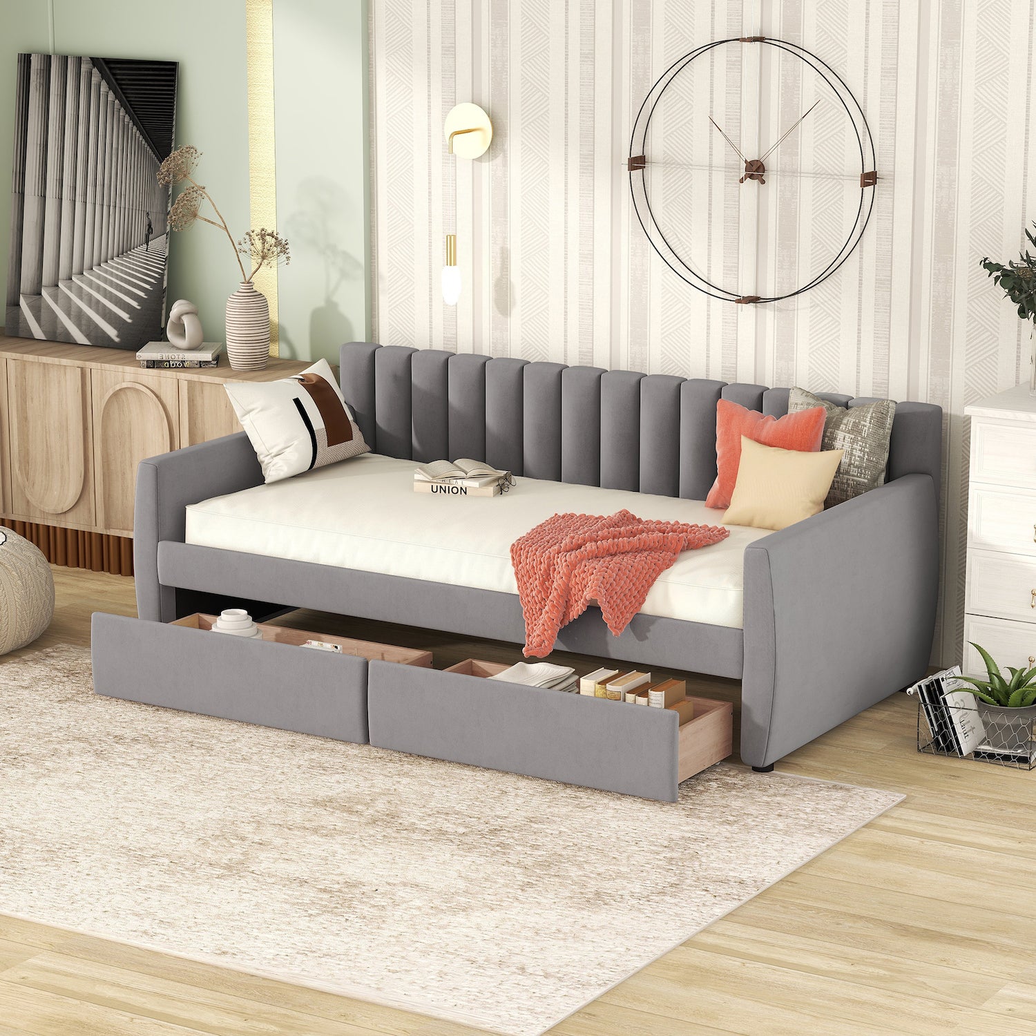 Lucky Channel Tufted Velvet Daybed with Storage Drawers - Gray