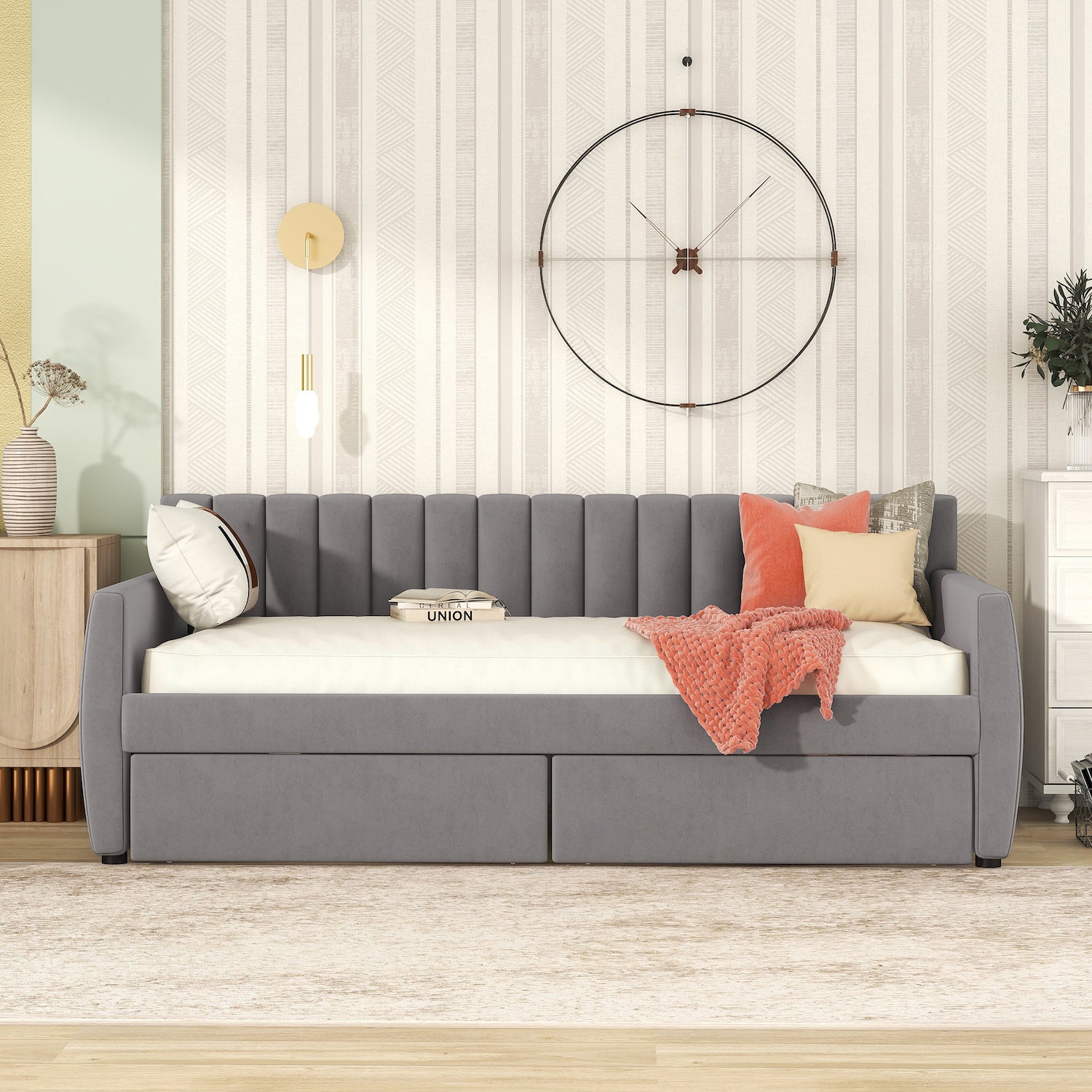 Lucky Channel Tufted Velvet Daybed with Storage Drawers - Gray