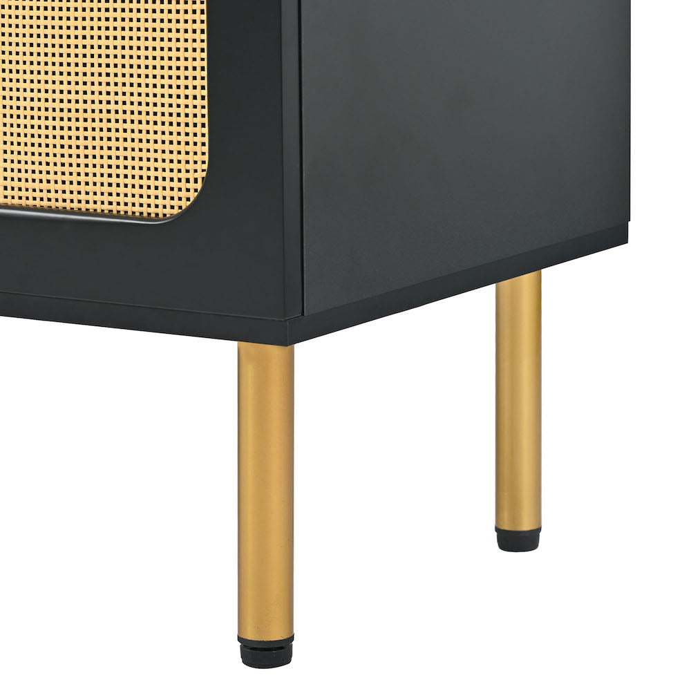 On-Trend Boho Style TV Stand with Rattan Doors & Gold Legs - Black