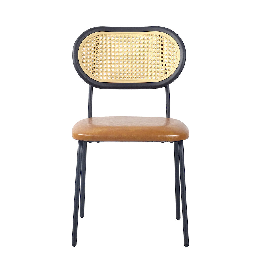 A&A Mid-Century Modern Side Chairs with PU Leather Seat & Rattan Back - Brown