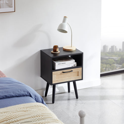 SYA Furniture Modern Minimalist Rattan Nightstand - Black