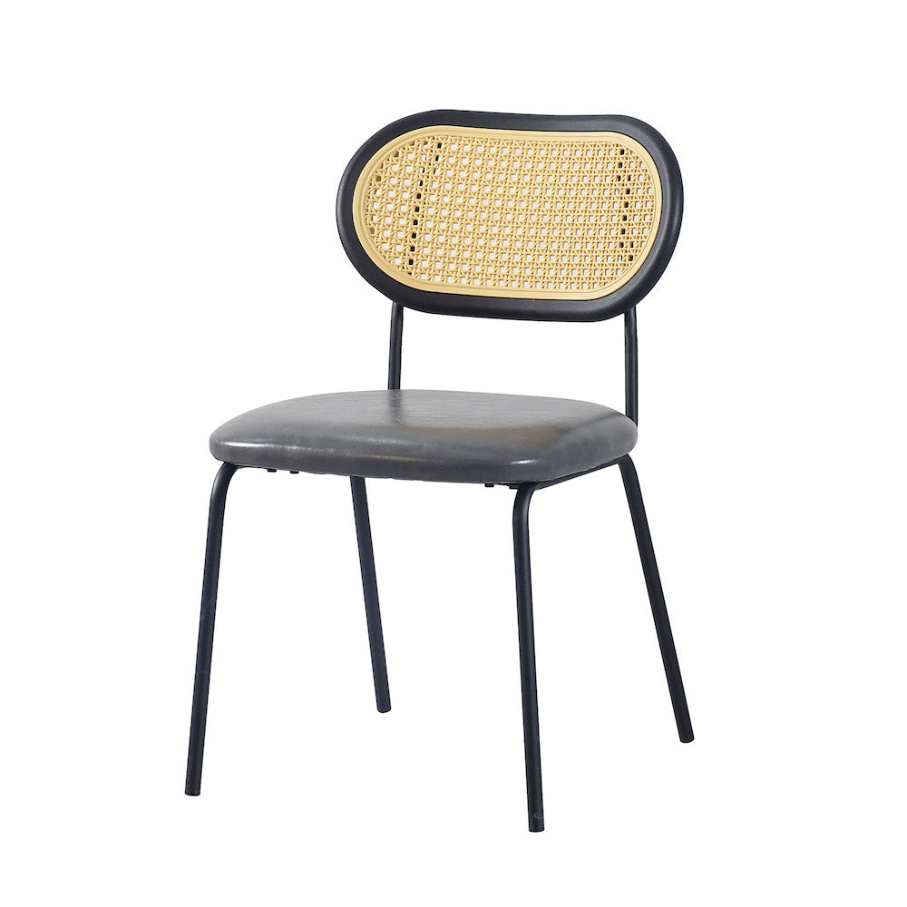 A&A Mid-Century Modern Side Chairs with PU Leather Seat & Rattan Back - Gray