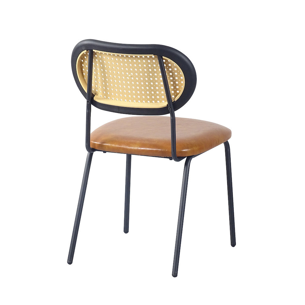 A&A Mid-Century Modern Side Chairs with PU Leather Seat & Rattan Back - Brown