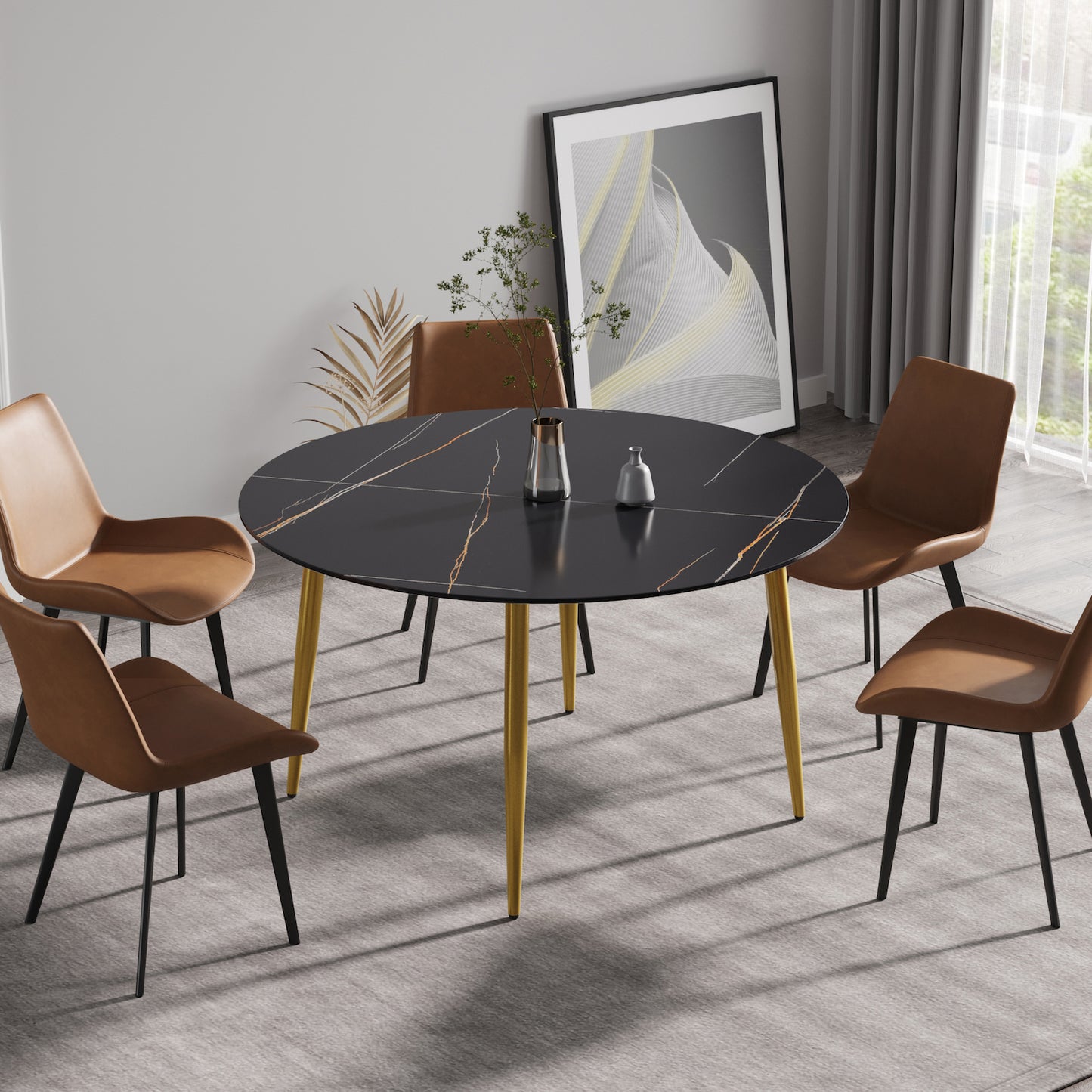 Atunus Modern 53" Black Sintered Stone Dining Table Gold Legs