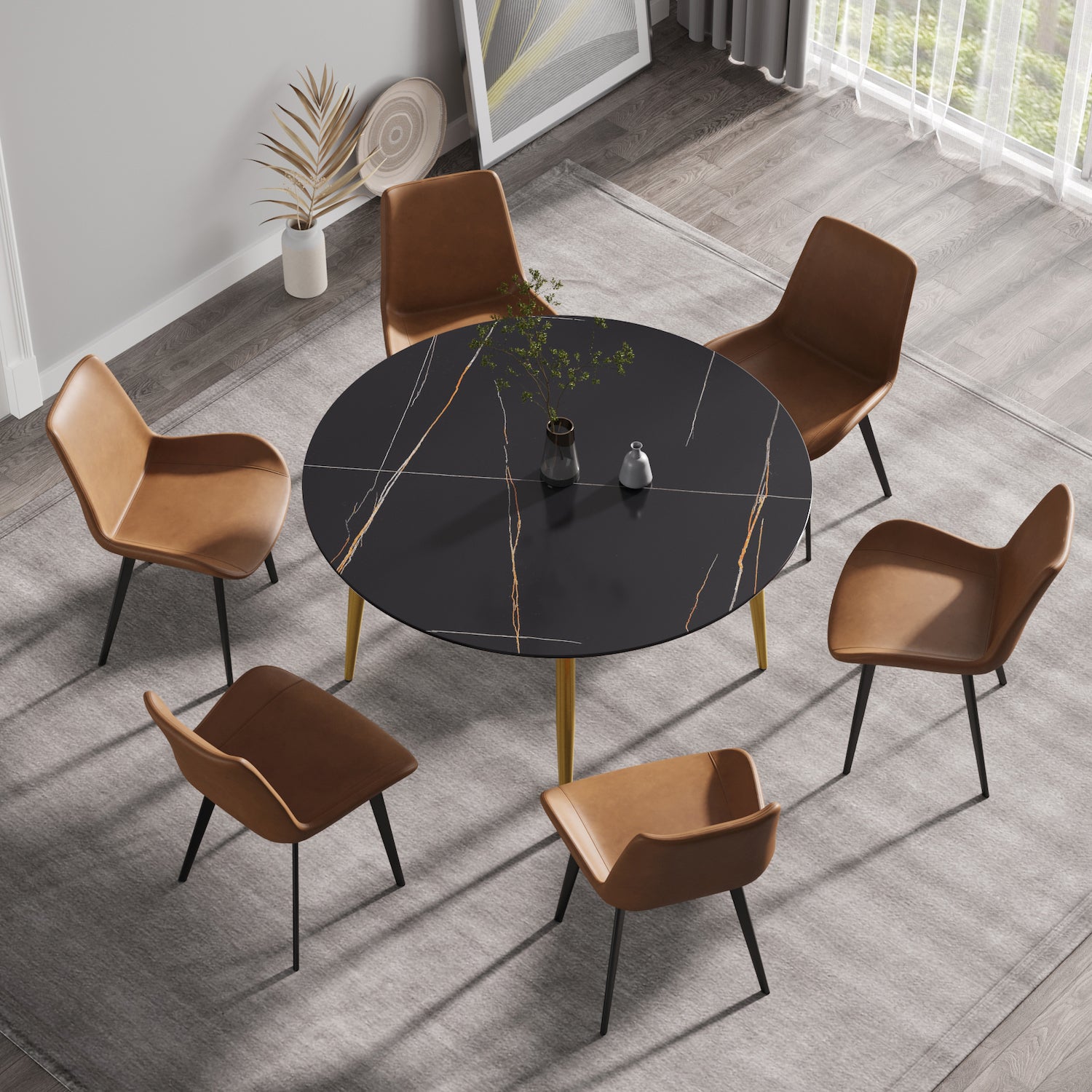 Atunus Modern 53" Black Sintered Stone Dining Table Gold Legs