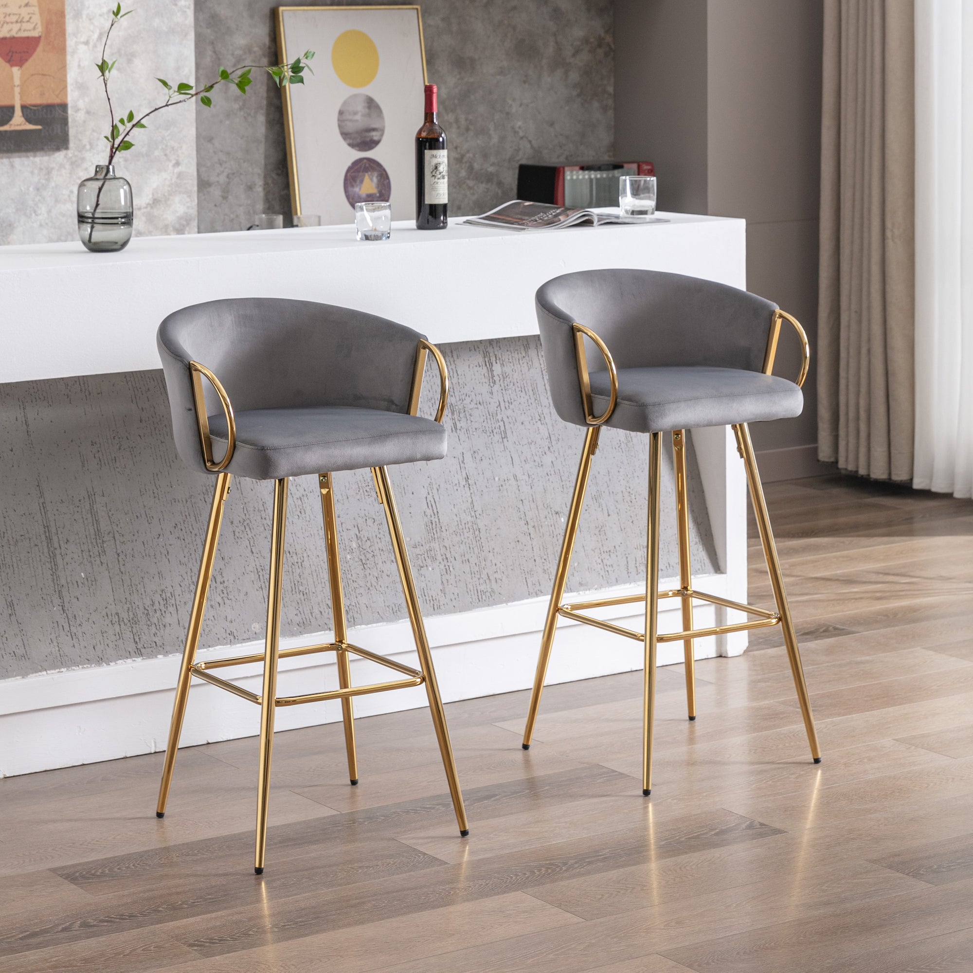 Grey velvet bar stools deals with gold legs