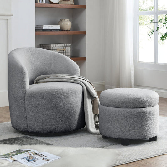 Welike Modern Teddy Fabric Barrel Chair & Ottoman Set - Gray