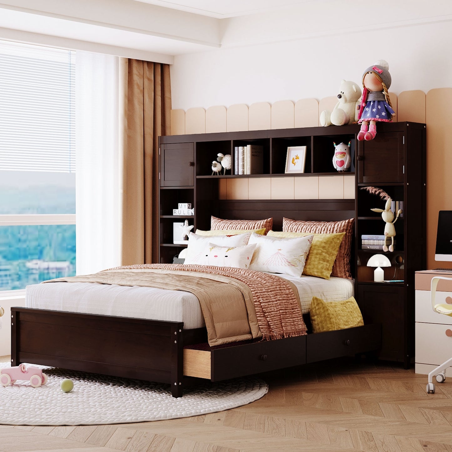 Urbiza Full Size Bed with All-in-One Cabinet & Shelf - Espresso