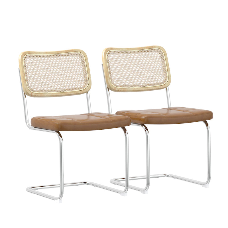 JWS Mid-Century Modern Side Chairs with PU Leather Seat & Rattan Back - Brown