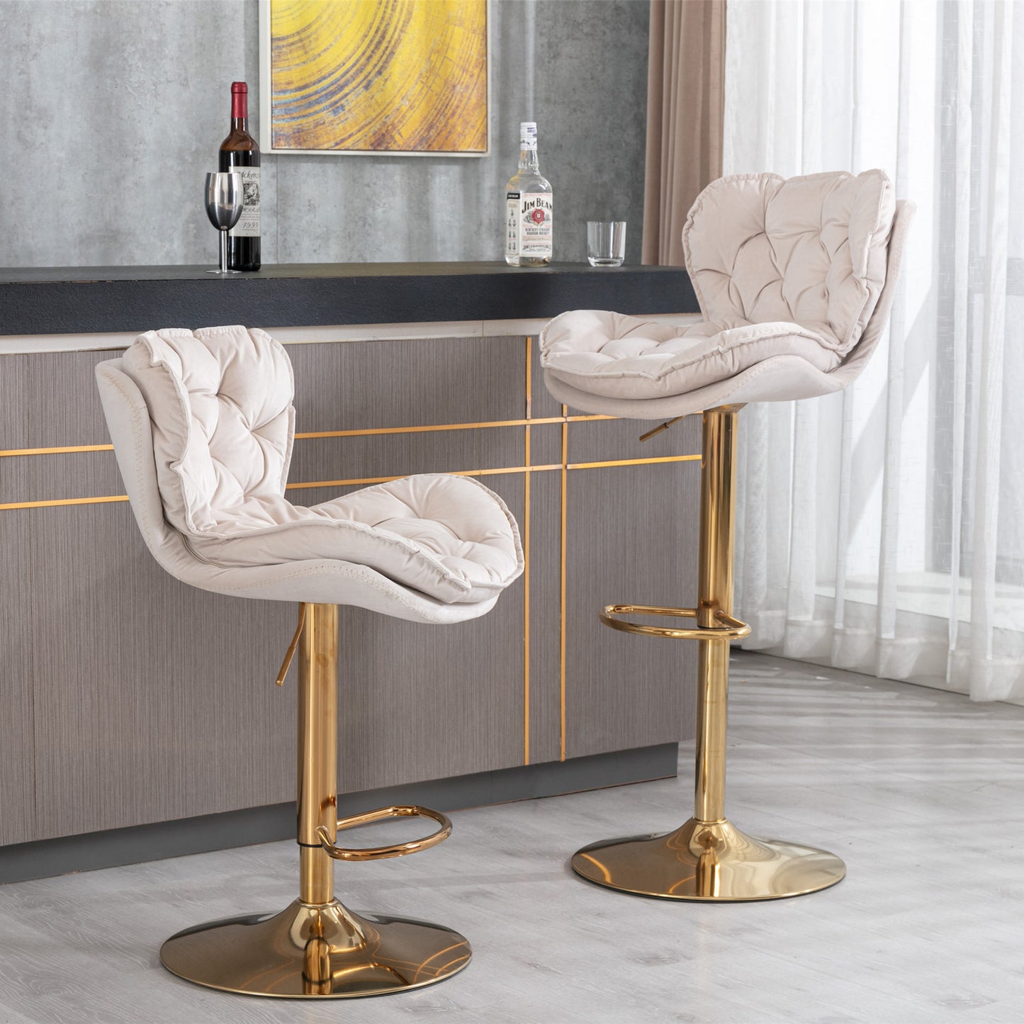 A&A Furniture Modern Adjustable Height Velvet Bar Stools - Set of 2 Beige