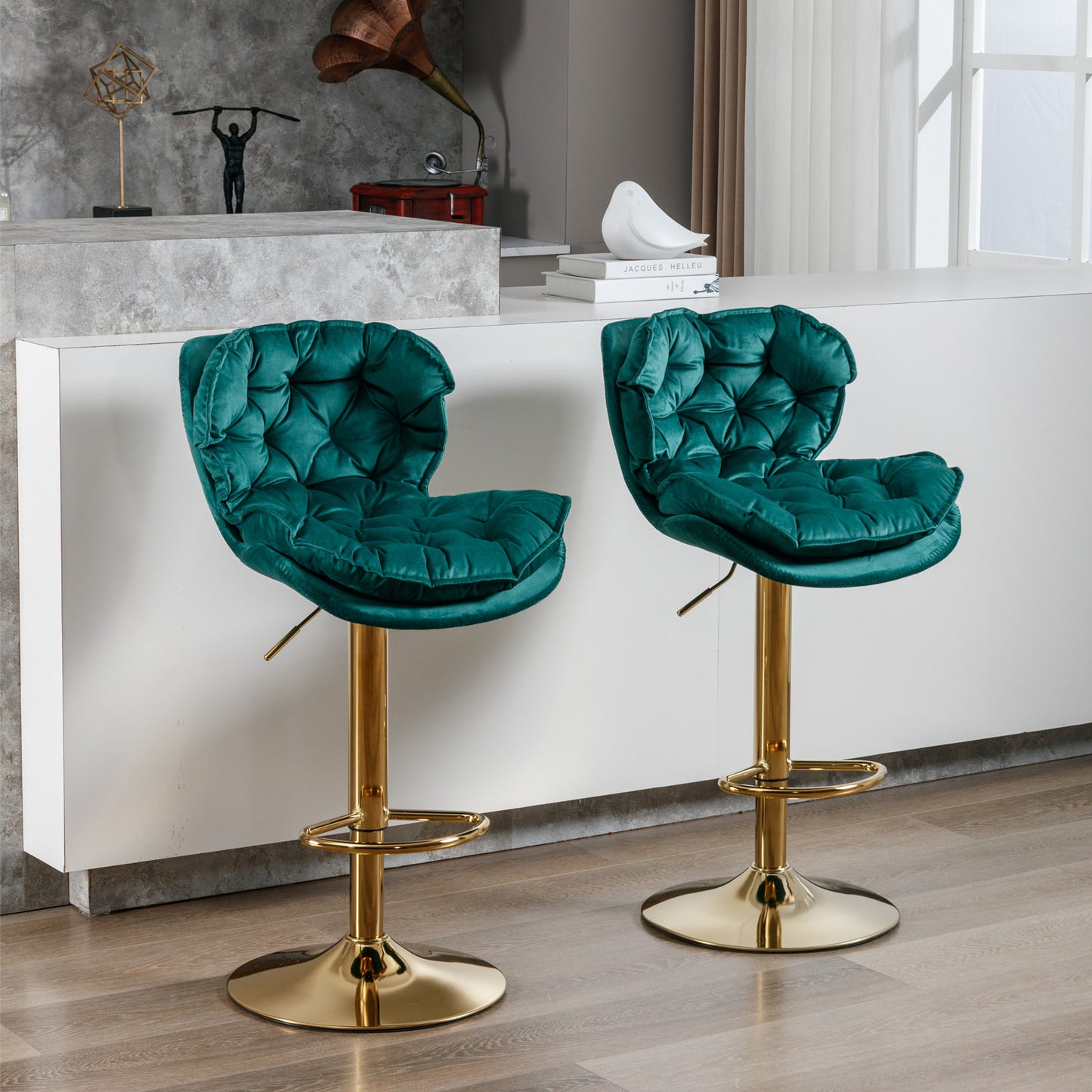 A&A Furniture Modern Adjustable Height Velvet Bar Stools - Set of 2 Green