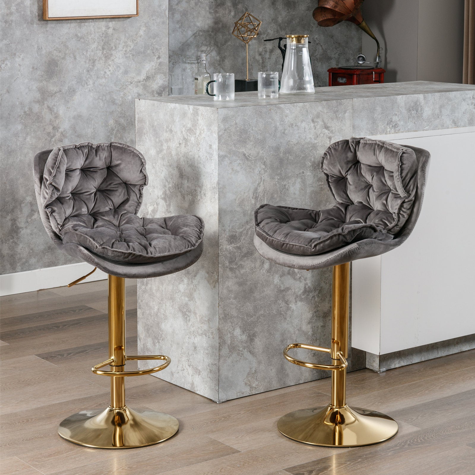 A&A Furniture Modern Adjustable Height Velvet Bar Stools Set of 2 - Gray