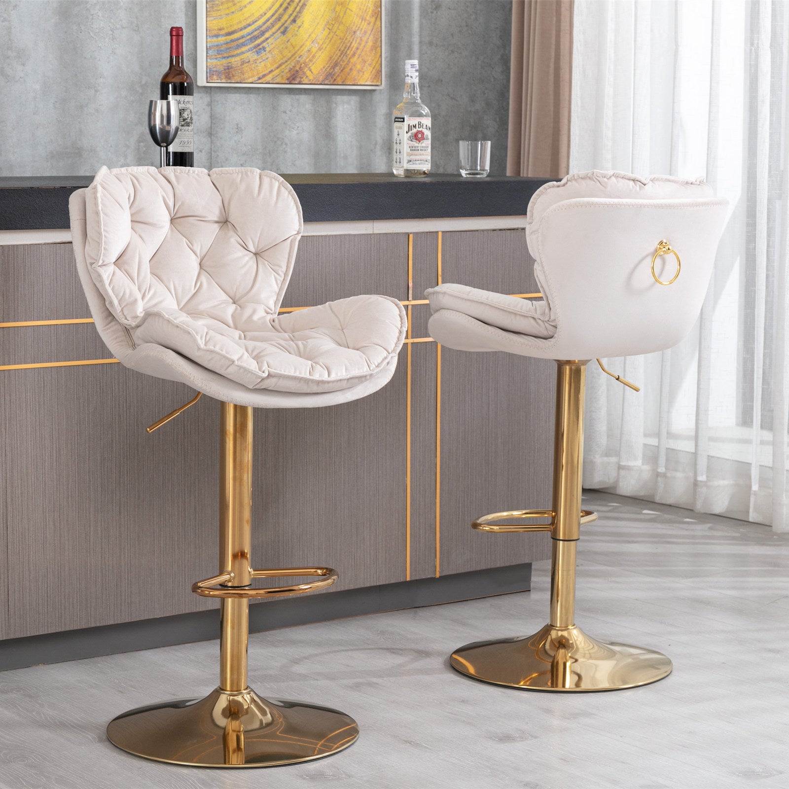 A&A Furniture Modern Adjustable Height Velvet Bar Stools - Set of 2 Beige