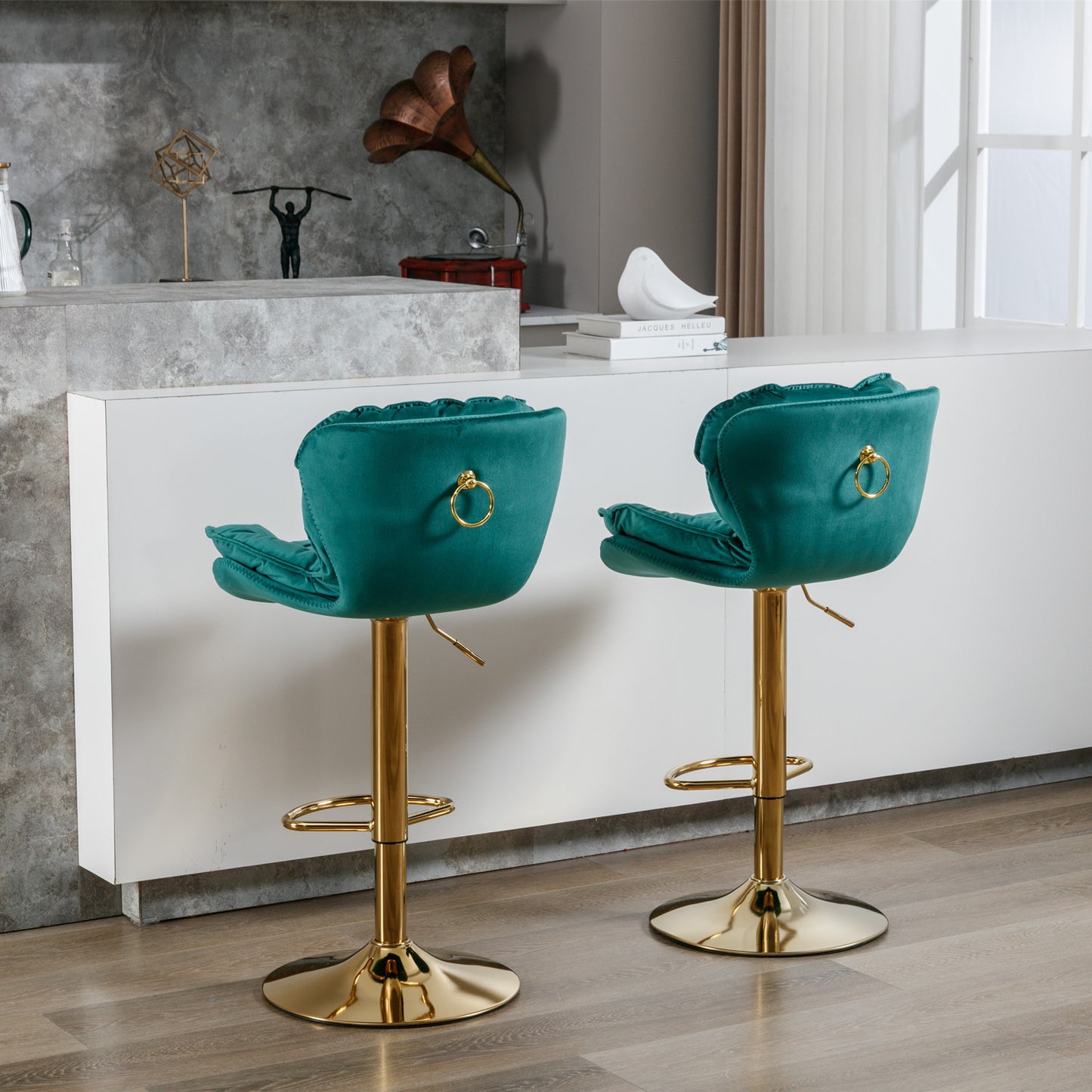 A&A Furniture Modern Adjustable Height Velvet Bar Stools - Set of 2 Green