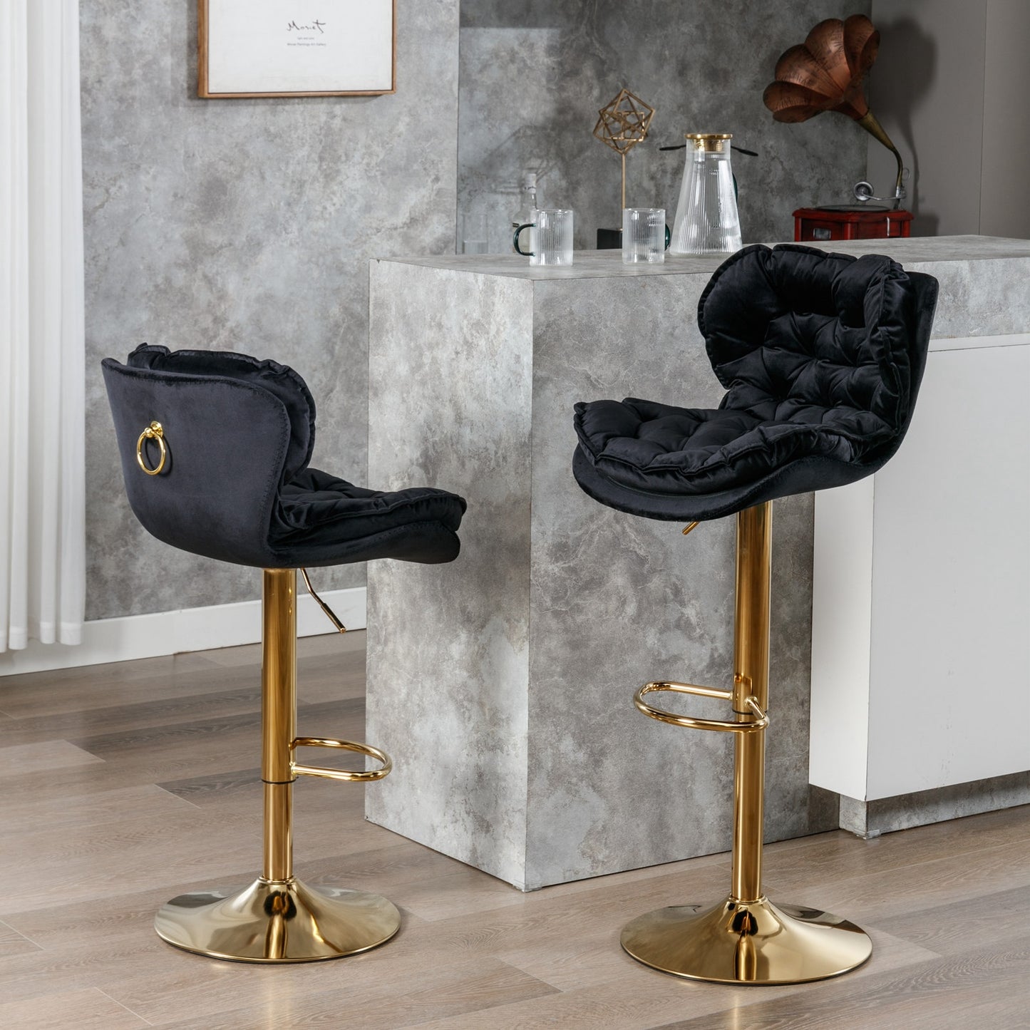 A&A Furniture Modern Adjustable Height Velvet Bar Stools Set of 2 - Black