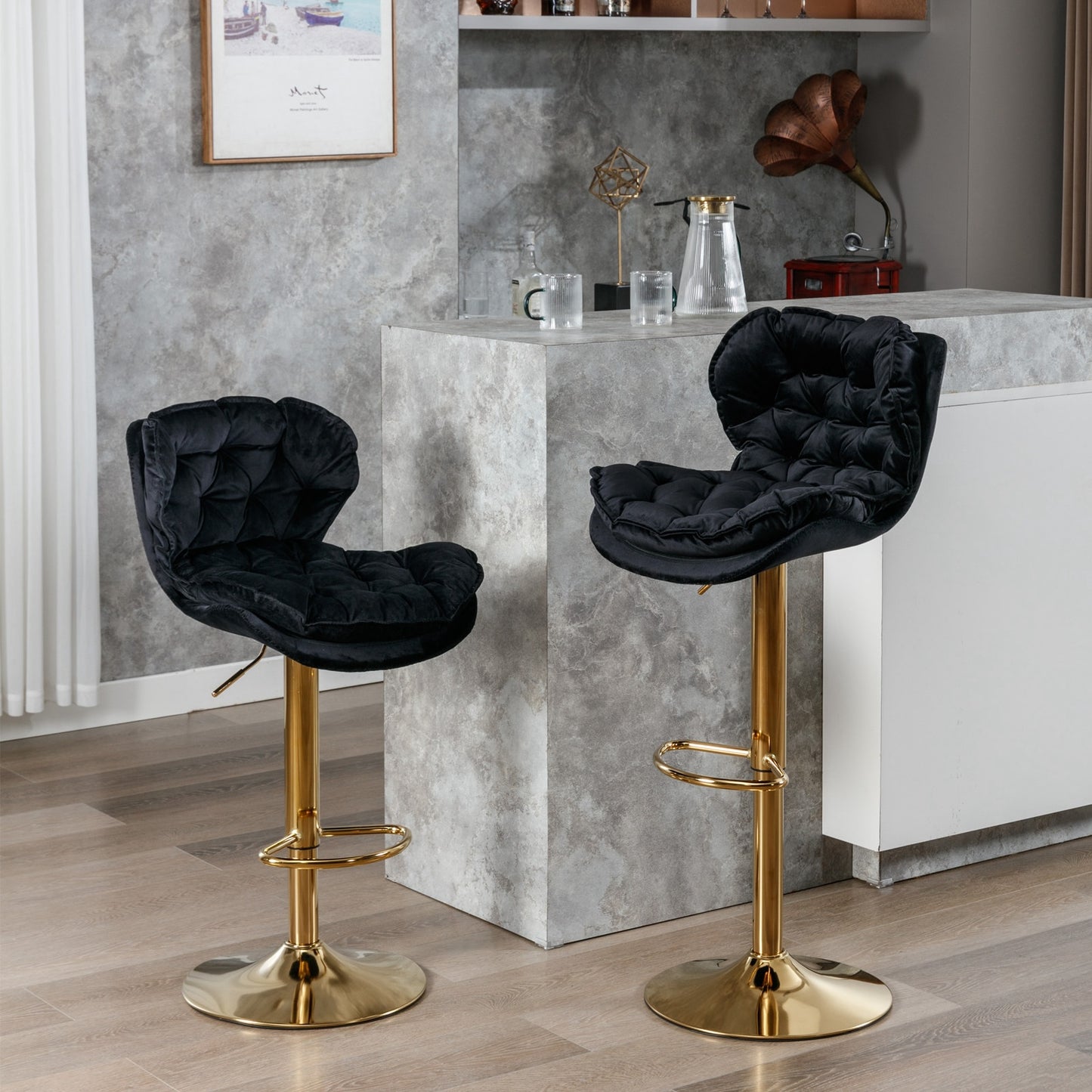 A&A Furniture Modern Adjustable Height Velvet Bar Stools Set of 2 - Black