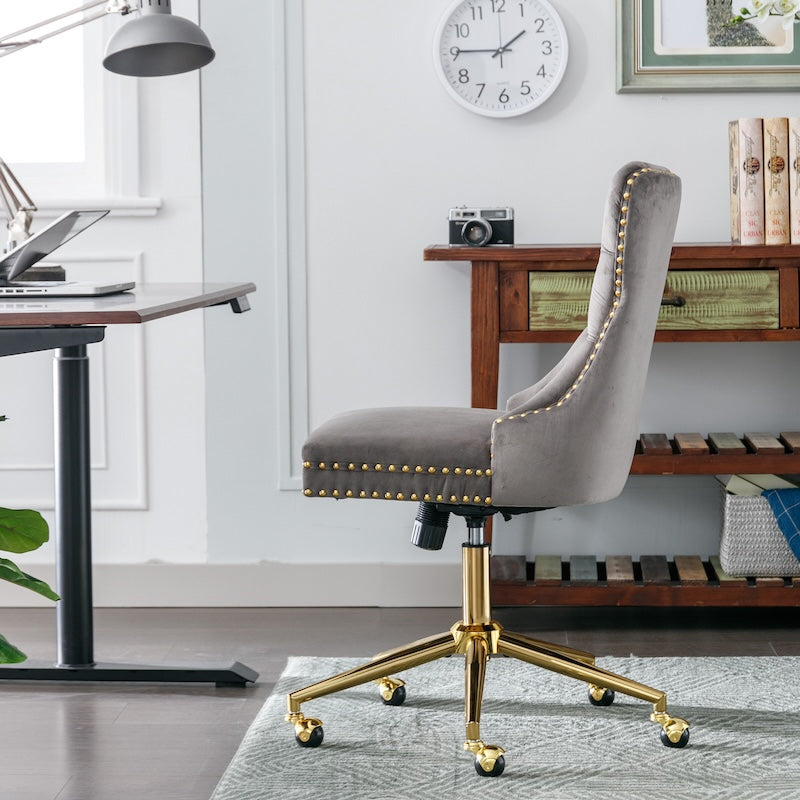 Astral Tufted Velvet Office Chair with Gold Base & Studs - Gray