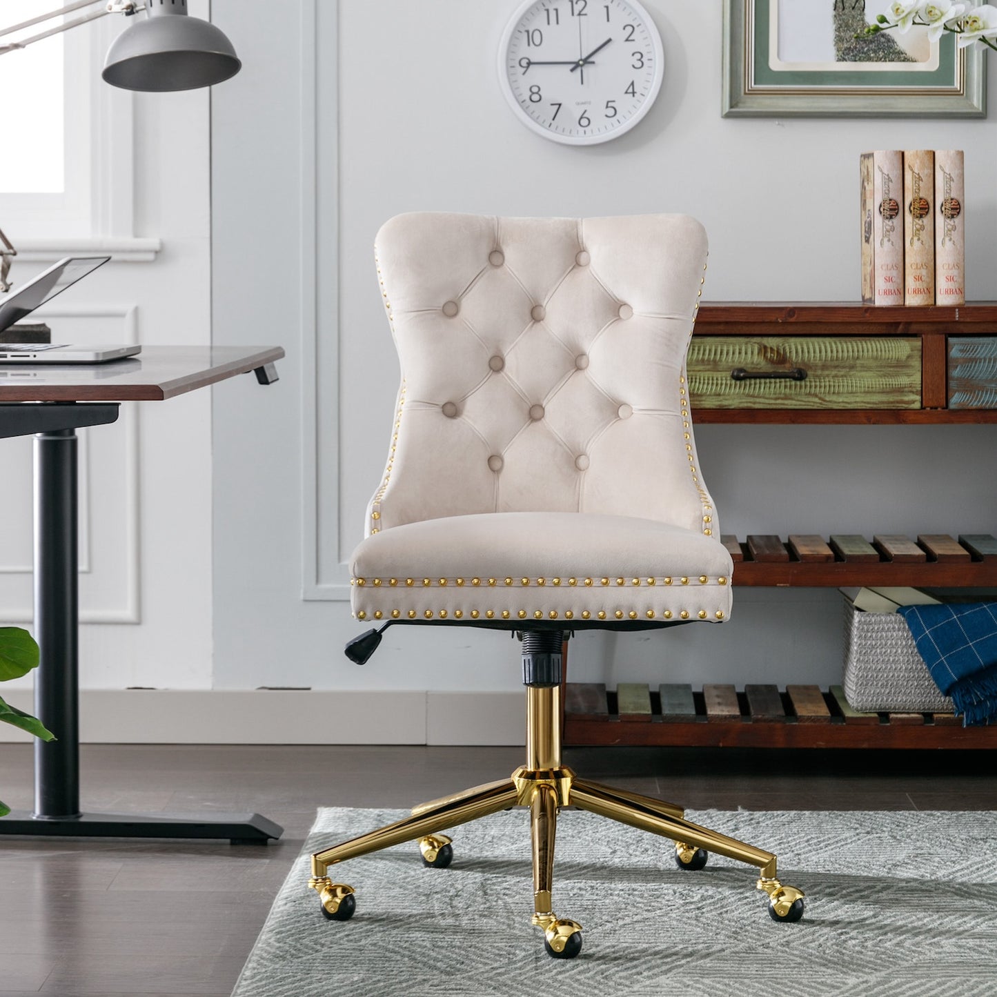 Astral Tufted Velvet Office Chair with Gold Base & Studs - Beige