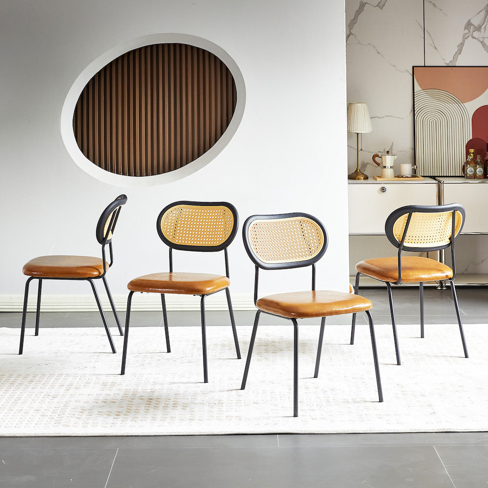 A&A Mid-Century Modern Side Chairs with PU Leather Seat & Rattan Back - Brown