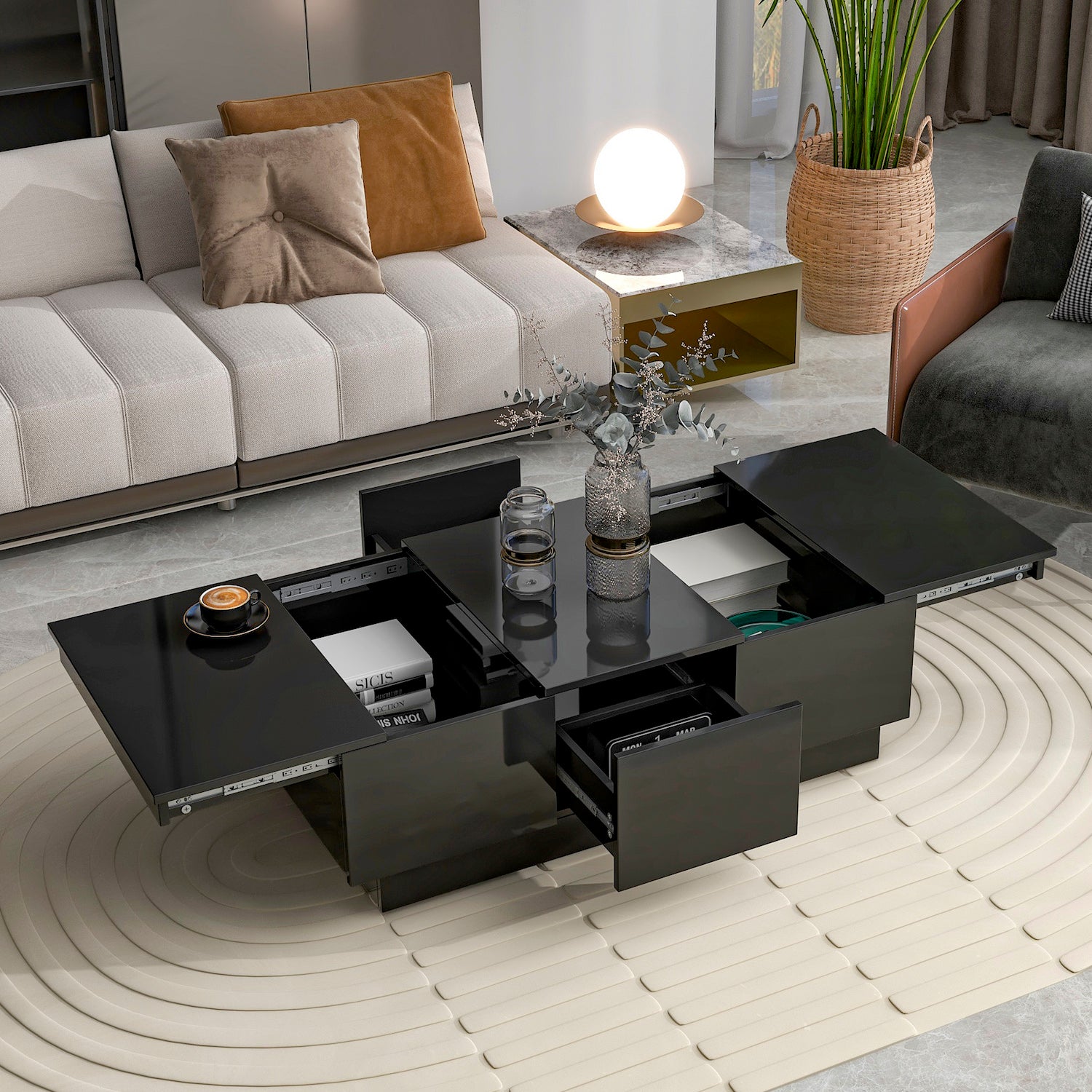 On-Trend Modern High Gloss Coffee Table with Hidden Storage - Black