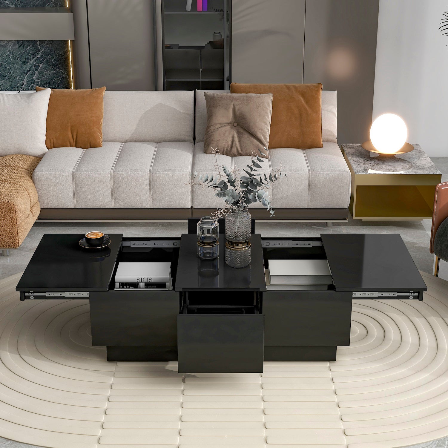 On-Trend Modern High Gloss Coffee Table with Hidden Storage - Black