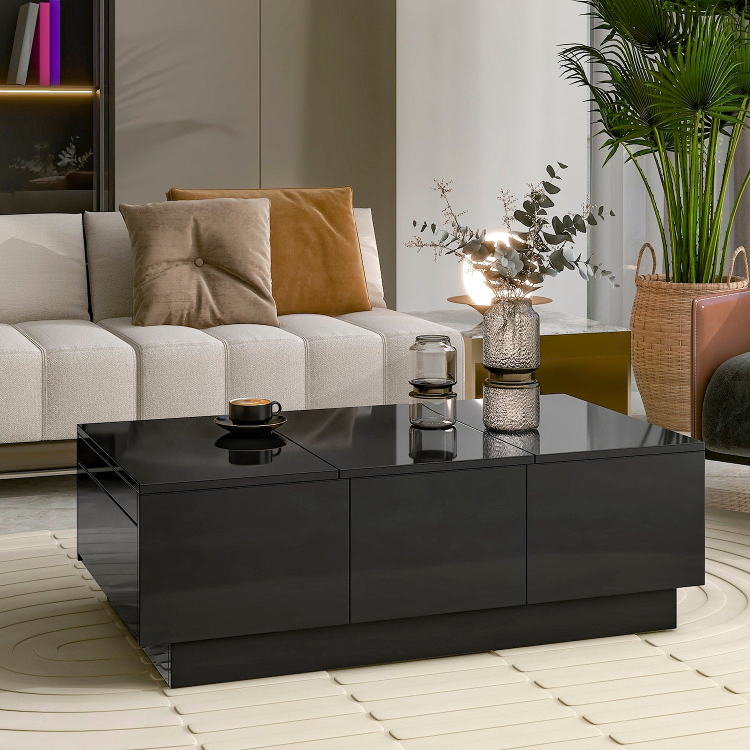 On-Trend Modern High Gloss Coffee Table with Hidden Storage - Black