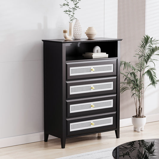 On-Trend Modern Accent Cabinet with Rattan Fronts - Black & White